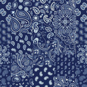 Blue Kashmir paisley fabric patchwork abstract vector seamless pattern for scarf kerchief shirt fabric wallpaper tablecloth pillow shawl bandana
