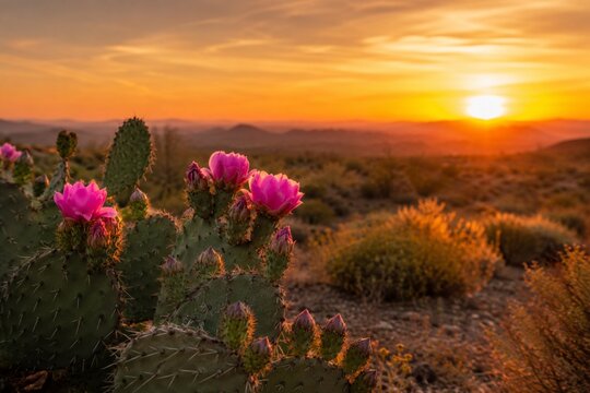 Blooming cactus flowers in warm desert light
