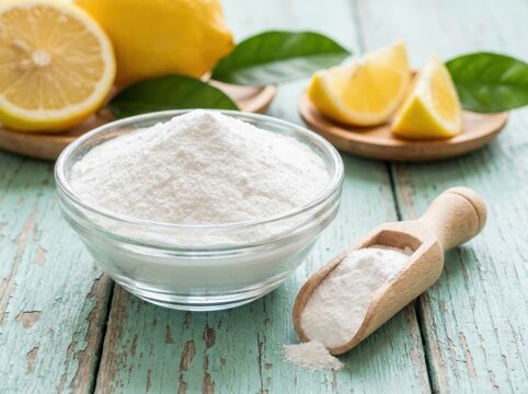 Natural baking soda and fresh lemon wedges in a rustic kitchen setting for cleaning and cooking