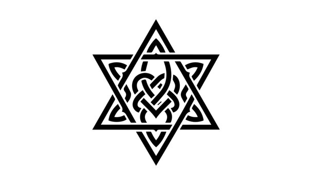 Celtic Star of David vector icon, interlaced knotwork hexagram symbol, black and white geometric Jewish Magen David emblem for religious branding
