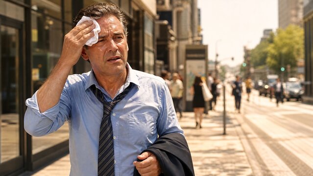 Businessman Wiping Sweat from Forehead on Hot City Street