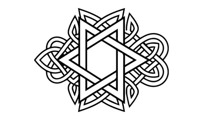 Naklejka premium Celtic knot star vector illustration, intricate geometric hexagram symbol, black and white interlaced line art for tattoo design and branding