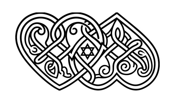 Celtic knot heart vector illustration, interlocking double hearts with Star of David, traditional Irish wedding knotwork, black line art ornament