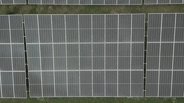 Solar panel at at the solar farm. Renewable energy. Clean Sustainable Energy . Aerial drone shot