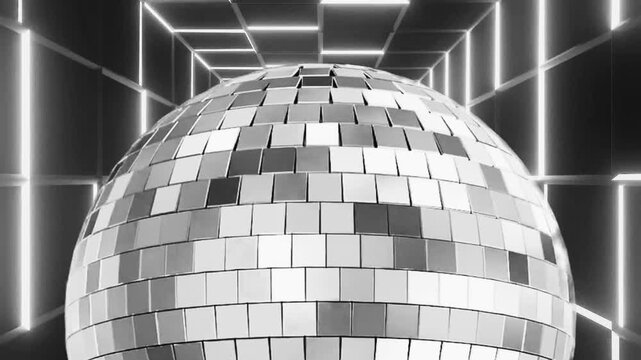 Black and White Disco Ball Close Up in Neon Tunnel Luxury Party Background Loop
