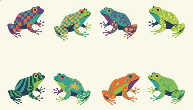 Vibrant collection of eight tree frogs featuring unique colorful patterns like checks, swirls, dots, and stripes on a light cream background.