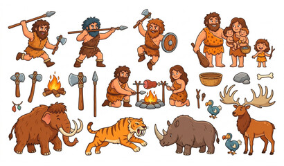Prehistoric Caveman and Ice Age Animals Vector Illustration Set: Stone Age Characters, Weapons, and Extinct Wildlife Collection © MdSidur