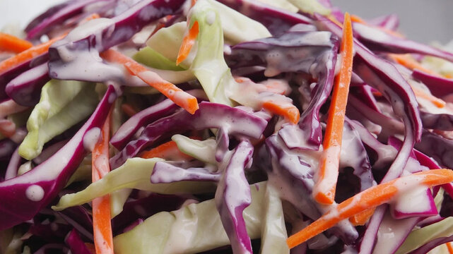 Fresh coleslaw salad close-up, shredded red cabbage and carrots, crunchy raw vegetable mix for healthy eating