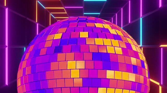 Purple Disco Ball Close Up in Neon Tunnel Luxury Party Background Loop