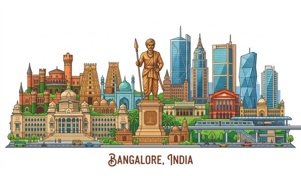 Bangalore India City Skyline Vector Illustration with Famous Landmarks and Skyscrapers