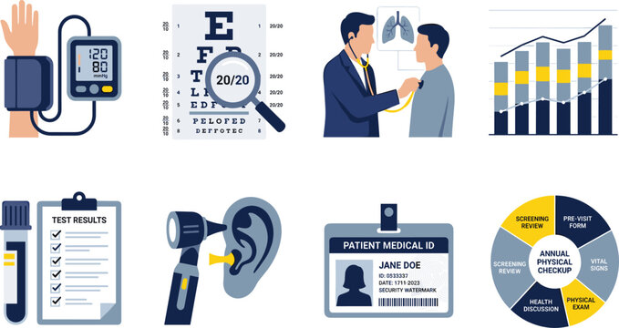 Annual physical checkup and clinical medical examination vector icon set featuring diagnostic tests vision charts stethoscope checkups and patient IDs