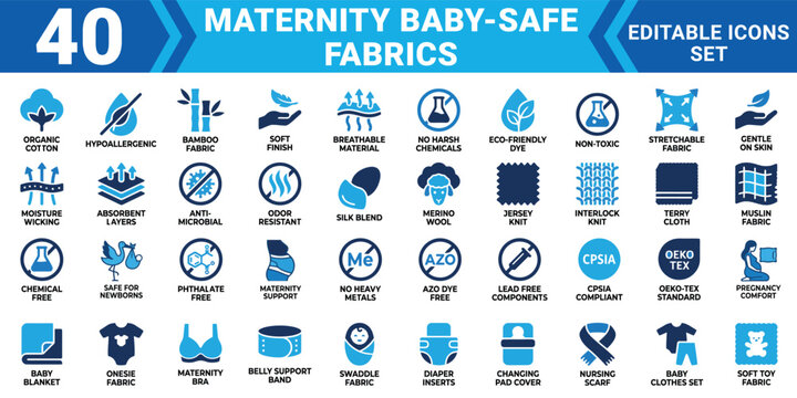 Maternity baby safe fabrics editable vector icon set 40 solid icons for baby clothing and accessories