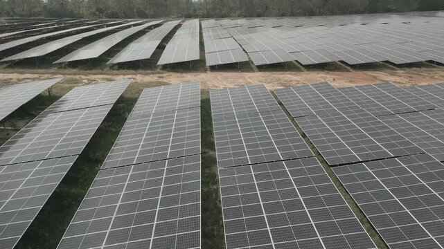 Solar panel at at the solar farm. Renewable energy. Clean Sustainable Energy . Aerial drone shot