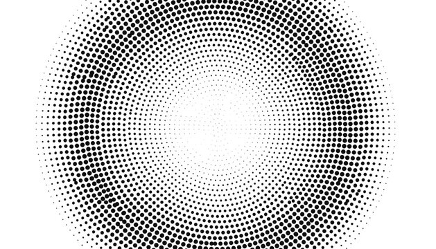 Symmetrical black and white halftone dot pattern radiating outwards in a circular shape to create a dynamic visual gradient effect.