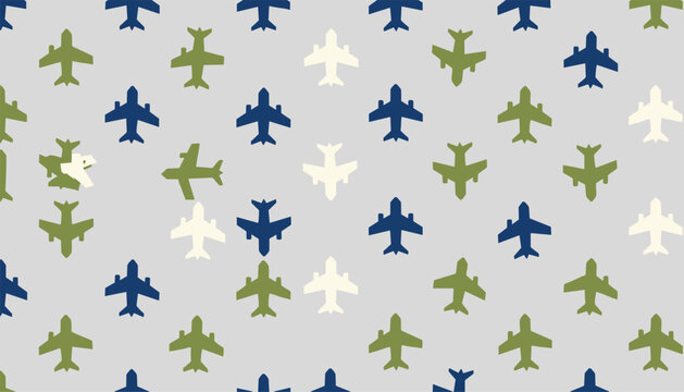 Simple and modern seamless pattern featuring small airplane silhouettes in blue, green, and white shades on a light grey background.