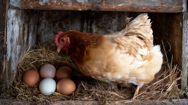 Hen rests comfortably in nest with eggs during calm day on farm