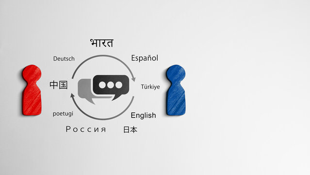 Conceptual image representing global communication, multilingualism, and cultural exchange with icons, speech bubbles, and various world languages against a clean white background