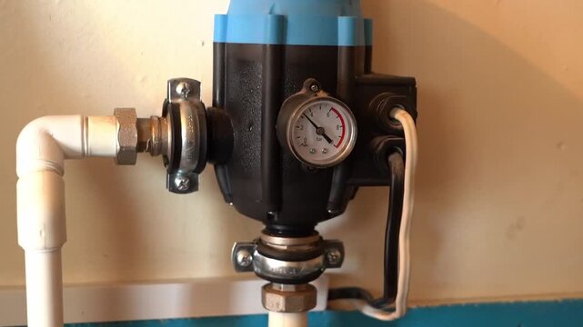 Modern water supply management close-up of an installed pump control unit or smart water supply controller, which is the "brain" of the entire home system.