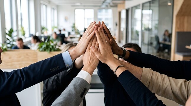 Diverse team hands high five in office, celebrating success and teamwork