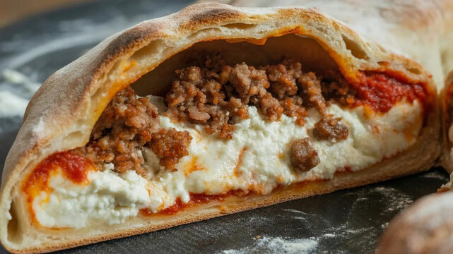 Half-cut calzone revealing melted cheese and savory meat filling on a rustic wooden surface