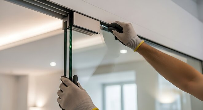Professional glazier installing glass sliding door partition in modern office