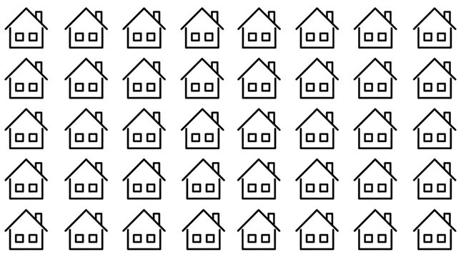 black outline house icons creating a minimalist seamless pattern perfect for real estate housing market and community development concepts.