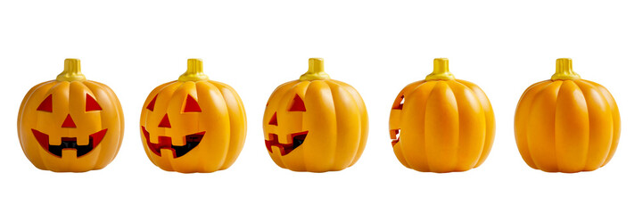 Obraz premium A horizontal sequence of five decorative orange jack-o-lantern pumpkins showing progressive rotation, isolated on a white background, perfect for Halloween design projects
