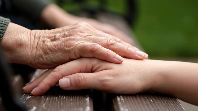 Generational Hands Connection: Grandma's Gentle Touch on Grandchild's Hand