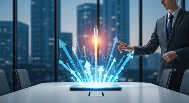 Startup business concepts rocket launching from tablet illustrates growth and innovation
