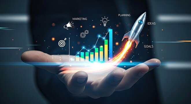 Startup business concepts hand holding rocket launch with growth chart and strategy icons