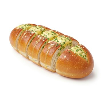 Freshly Baked Garlic Bread Loaf with Herbs and Butter Isolated on White Background.