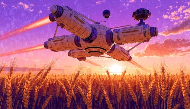 A 1980s retro-style illustration of a modular agricultural drone hovering over a golden wheat field at sunset, grain texture, vibrant orange and purple hues