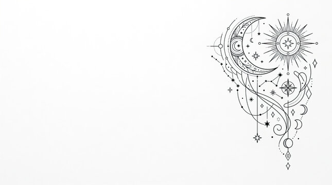 Black line art illustration of celestial symbols including sun, moon, and stars on a white background, featuring intricate designs and astrological motifs for spiritual and mystical themes
