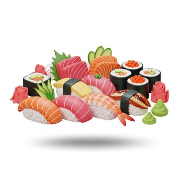 Delicious Assortment of Fresh Sushi and Sashimi Platter on White Background.