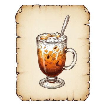 Iced Coffee Drink with Cream and Spoon on Vintage Parchment.