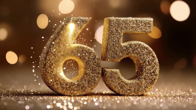 Golden glitter number 65 stands on a sparkling surface during a celebration event with bright lights in the background
