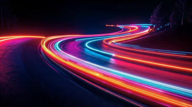 Long exposure shot captures bright light trails on a winding road at night with trees in the background, creating a vibrant scene of motion and energy