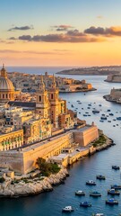 Fototapeta premium Valletta Malta Historic Cityscape Waterfront Sunset Boats.