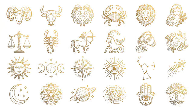 Collection of gold astrology symbols including zodiac signs, celestial bodies, and mystical elements arranged in a grid pattern on a white background for astrological themes and designs