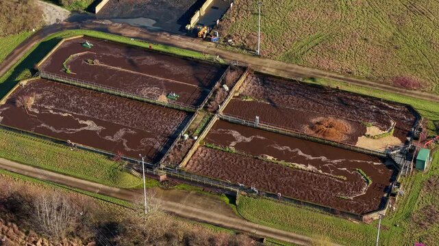Aerial footage displaying public utility innovations in large scale localized liquid waste purification