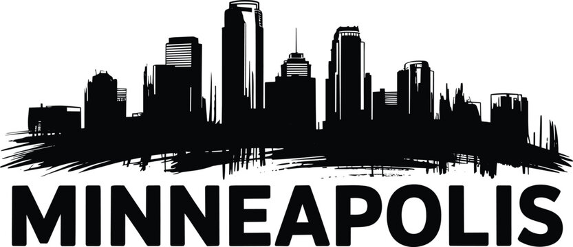 Minneapolis skyline silhouette with text, featuring modern architecture and urban cityscape in black vector illustration and city and clip art in outl