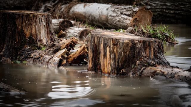 Waterlogged tree remnants in a wetland area show signs of recent flooding with stumps and logs surrounded by standing water