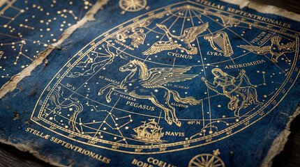 Naklejka premium Vintage celestial map depicting constellations including Pegasus, Cygnus, Lyra, and Andromeda on a dark blue background with gold illustrations and star patterns