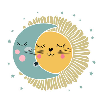 Cute Cat and Sun Face Illustration with Moon and Stars
