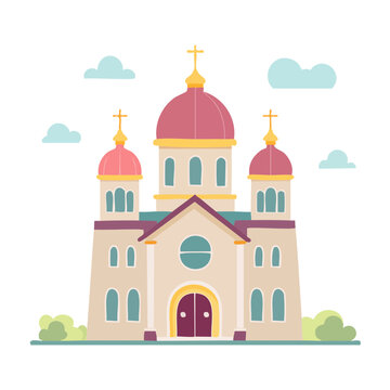 Flat design illustration of a church with domes and crosses
