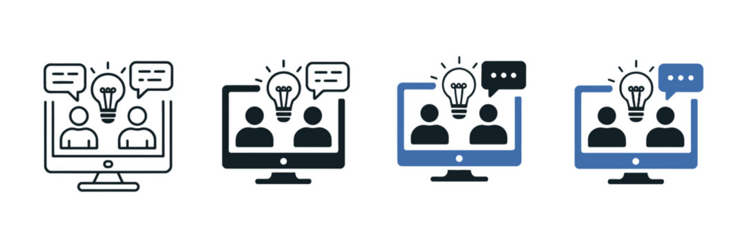 Online brainstorming session icons representing virtual meetings, innovation, teamwork, idea development, digital communication, and collaborative business planning concepts.