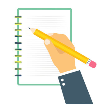 Hand writing in notebook with pencil, flat design illustration