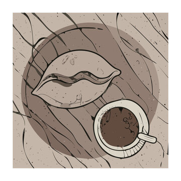 Hand Drawn Coffee Cup and Leaf on Patterned Background