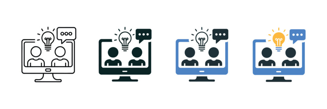 Online brainstorming session icons featuring virtual meetings, idea generation, team collaboration, creative communication, and remote workplace innovation concepts.