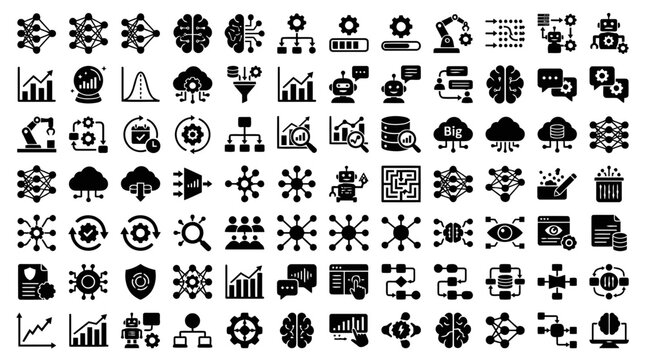 Big data analytics and advanced machine learning algorithm glyph icons for tech industry.